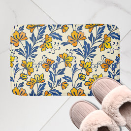 Tapis De Bain Vintage Yellow Orange Folk Floral Blue Leaf