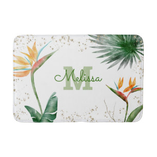 Tapis De Bain Vitrage floral Tropical Or Blanc Script