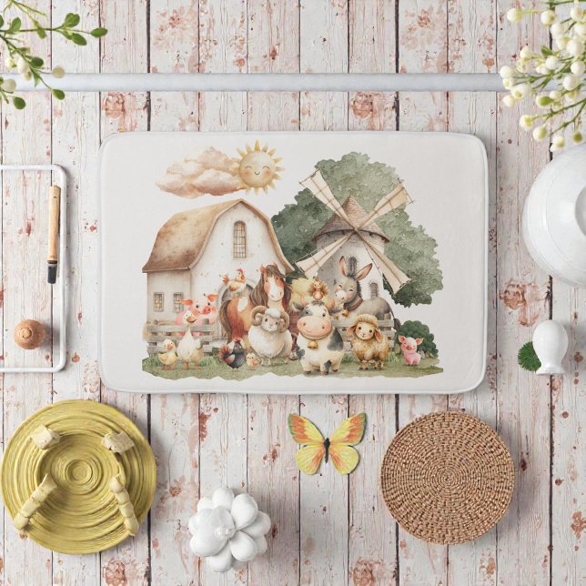 Tapis De Bain Watercolor Whimsical Farm Animals (Créateur téléchargé)