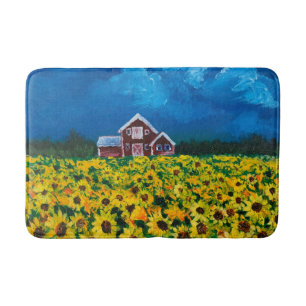 Tapis De Bain western country red barn summer sunflower field