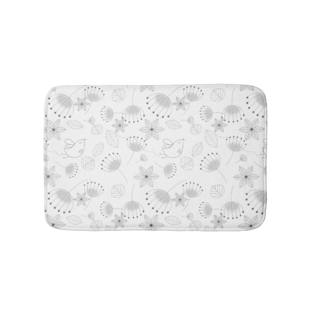 Tapis De Bain Whimsical Cute Floral and Bird Pattern on White (Devant)