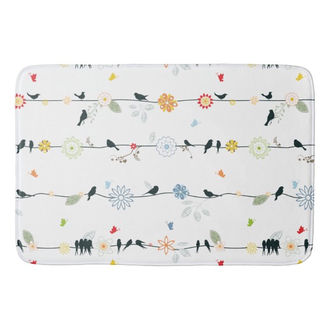 Tapis De Bain Whimsical Fun Black Birds and Flowers Motif (Devant)