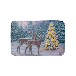Tapis De Bain Whitetail Deer & Christmas Tree Scene hivernale