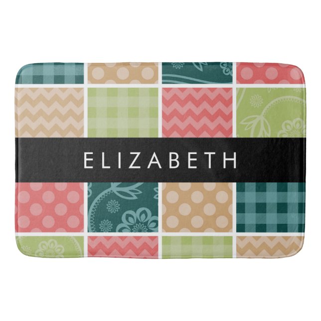 Tapis De Bain Zigzag, Chevron, En vichy, Pois, Votre Nom (Devant)