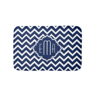 Tapis De Bain Zigzag géométrique bleu et blanc monogramme Chevro