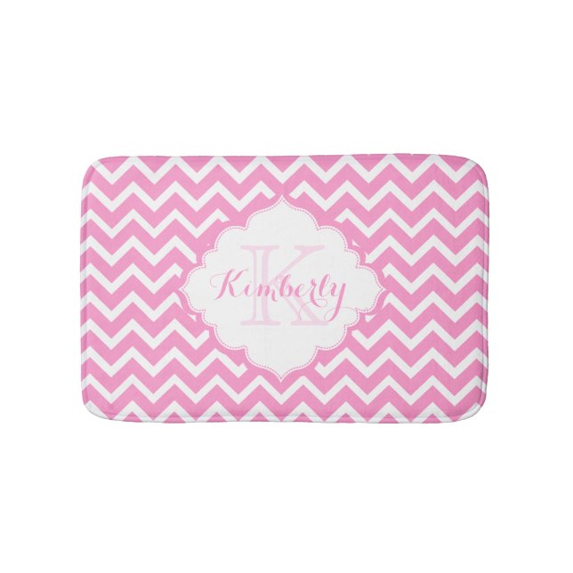 Tapis De Bain Zigzag rose et blanc monogramme Chevron (Devant)