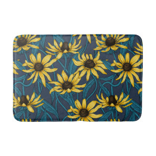 Tapis De Bain Zinnias jaune sur bleu foncé
