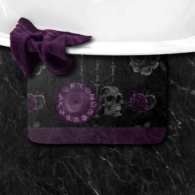 Tapis De Bain Zodiac Magie | Plum violet foncé Roses de crâne go (Créateur téléchargé)