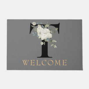 Tapis de bienvenue à monogramme floral blanc T