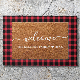 Tapis de bienvenue en coco nom de famille plaid ch