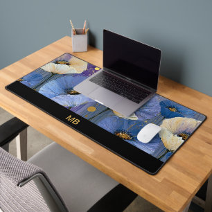 Tapis de bureau à fleurs en ivoire bleu avec monog