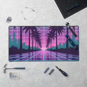 Tapis de bureau à grille néon Palmiers Coucher de