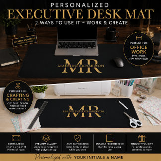 Tapis de bureau à monogramme Or Noir Nom Initiales