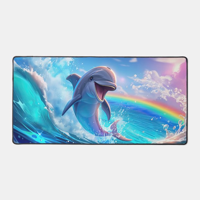 Tapis de bureau illustration dauphin éclaboussure  (A joyful dolphin leaps from vibrant ocean waves under a bright rainbow.  )