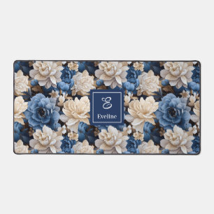 Tapis de bureau personnalisé Fleurs d'ivoire bleue
