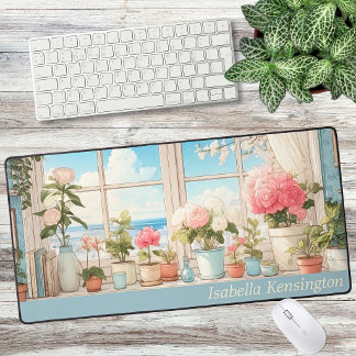 Tapis de bureau personnalisé floral aquarelle rose