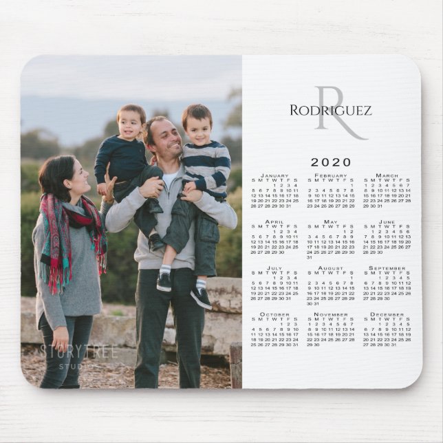 Tapis De Souris 2020 Calendrier personnalisé Nom du monogramme pho (Devant)