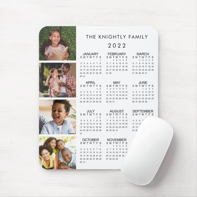 Tapis De Souris 2022 Calendrier Famille 4 Photo Collage Blanc (Avec souris)