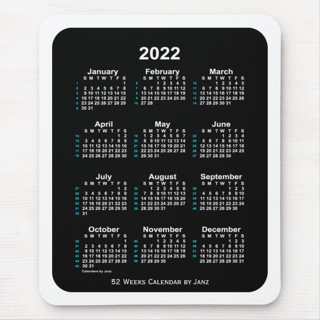 Tapis De Souris 2022 White Neon Calendrier 52 semaines par Janz (Devant)