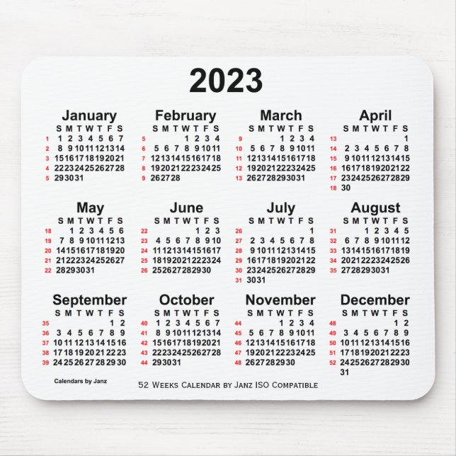 Tapis De Souris 2023 Blanc 52 semaines Calendrier ISO par Janz (Devant)