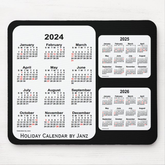 Tapis De Souris 2024-2026 Noir Calendrier des fêtes de 3 ans par J (Devant)