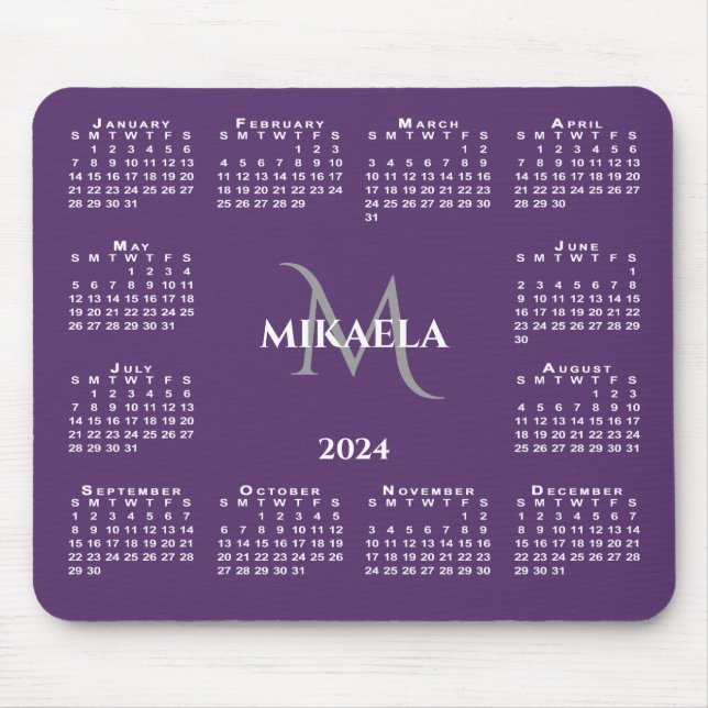 Tapis De Souris 2024 Calendrier Chic Monogram Nom sur Purple (Devant)