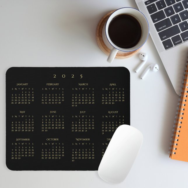 Tapis De Souris 2025 Black Gold Calendrier de l'année complète Hom (2025 Black Gold Full Year Calendar Home Office Mouse Pad)