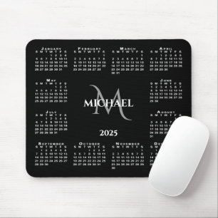 Tapis De Souris 2025 Calendrier Chic Monogramme Nom sur Noir
