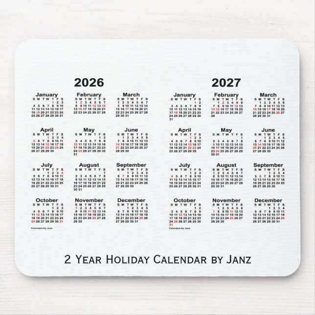Tapis De Souris 2026-2027 blanc calendrier de vacances de 2 ans (Devant)