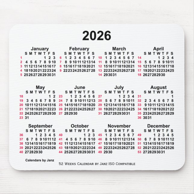 Tapis De Souris 2026 Blanc 52 semaines Calendrier ISO par Janz (Devant)