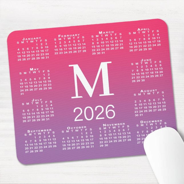 Tapis De Souris 2026 Calendar Monogram on Pink to Purple Gradient (2026 Calendar Monogram on Pink to Purple Gradient Mouse Pad, in situ)