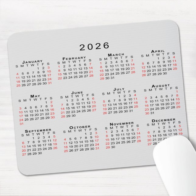Tapis De Souris 2026 Calendar Simple Gray Black Red (2026 Calendar Simple Gray Black Red Mouse Pad, in situ)