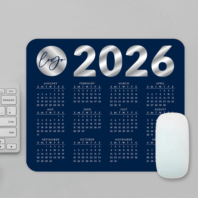 Tapis De Souris 2026 Calendrier Marine Blue & Silver Company Logo (Créateur téléchargé)