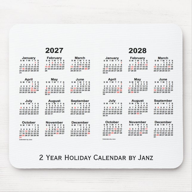 Tapis De Souris 2027-2028 White 2 Year Holiday Calendar par Janz (Devant)