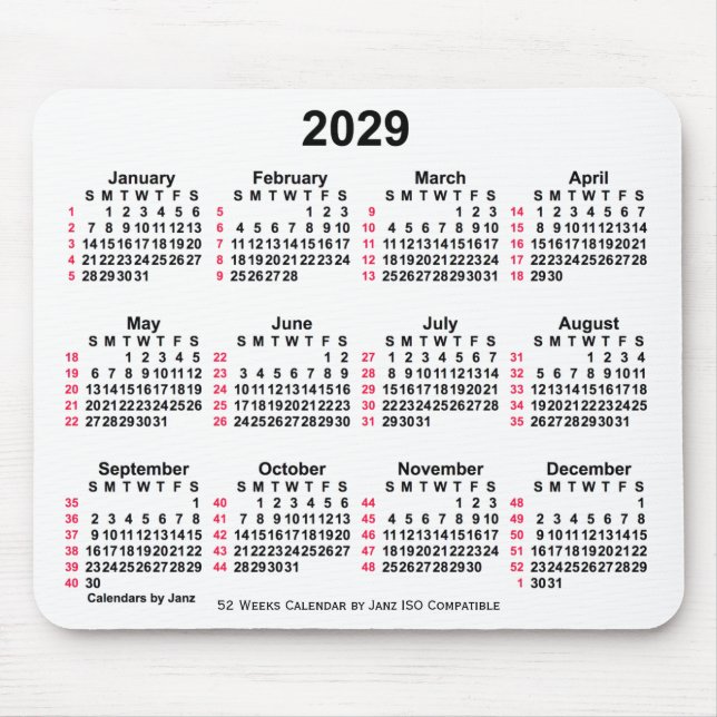 Tapis De Souris 2029 Blanc 52 semaines Calendrier ISO par Janz (Devant)