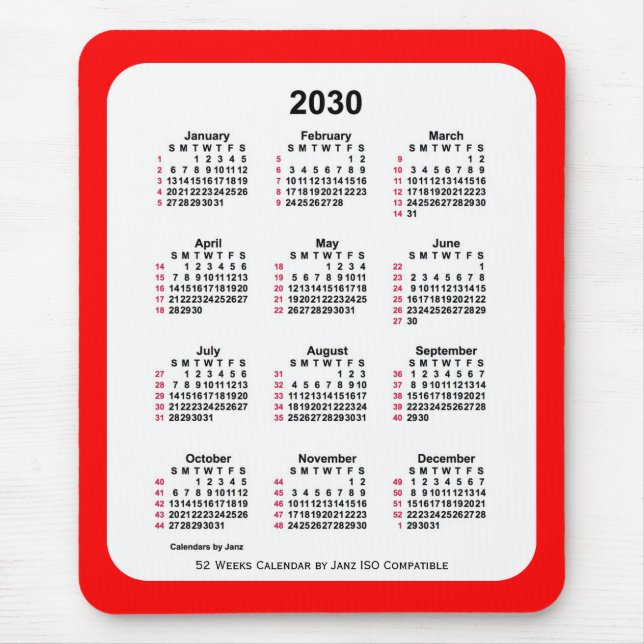 Tapis De Souris 2030 Rouge 52 semaines Calendrier ISO par Janz Two (Devant)