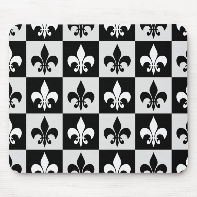 Tapis De Souris à damiers Blanc Noir Fleur-De-Lis Motif (Devant)