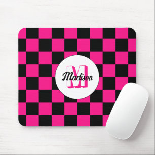 Tapis De Souris à damiers carré chaud rose noir rétro Monogramme