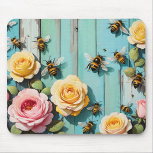 Tapis De Souris Abeilles affairées avec des roses roses et jaunes 