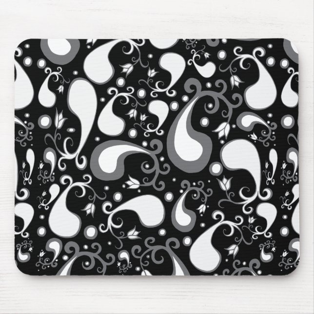Tapis De Souris Abstrait noir et blanc Tulip Paisley Floral (Devant)