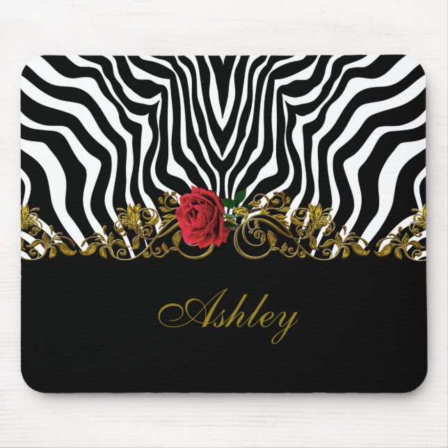 Tapis De Souris Abstraite Fleur Zèbre Rouge Noir Blanc Or (Devant)