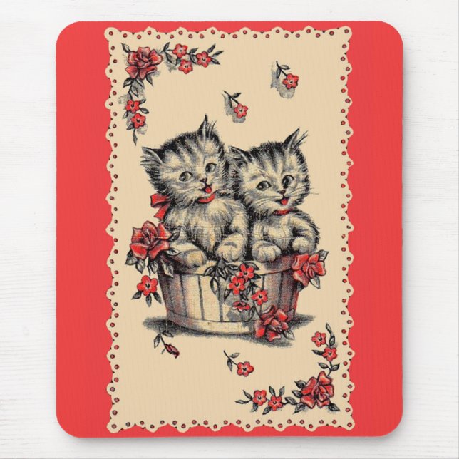 Tapis De Souris adorable chatons dans un panier de fleurs (Devant)