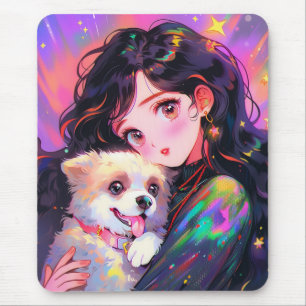Tapis De Souris Adorable Retro Anime Girl & Her Dog