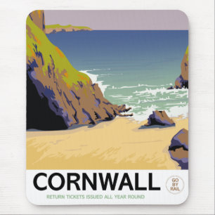 Tapis De Souris Affiche de voyage de style Vintage Cornwall.