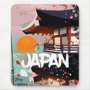 Tapis De Souris Affiche du bâtiment japonais au soleil couchant