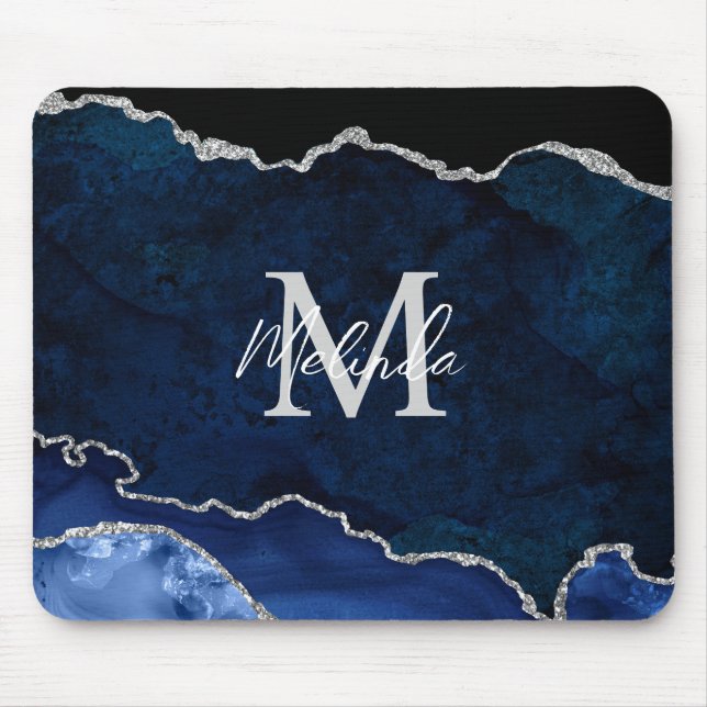 Tapis De Souris Agate de marbre bleu marine et argenté (Devant)