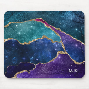 Tapis De Souris Agate Monogramme Veines Or Bleu Violet Aqua