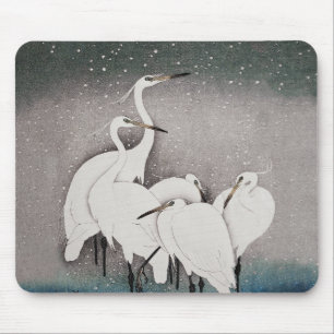 Tapis De Souris Aigrettes japonaises Grues Koson Neige d'hiver