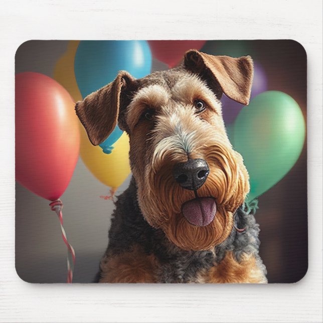 Tapis De Souris Airedale chien avec gâteau et ballons (Devant)