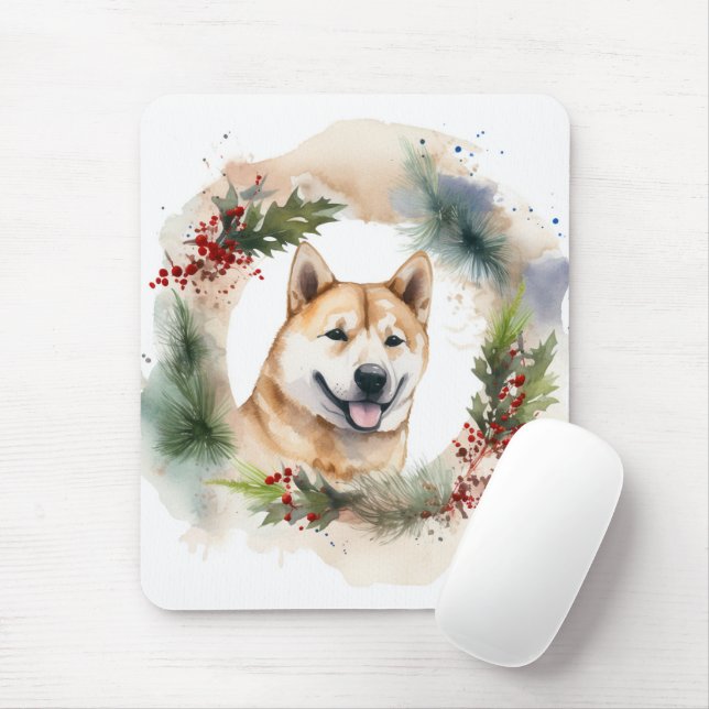 Tapis De Souris Akita Christmas Wreath Festive Pup (Avec souris)